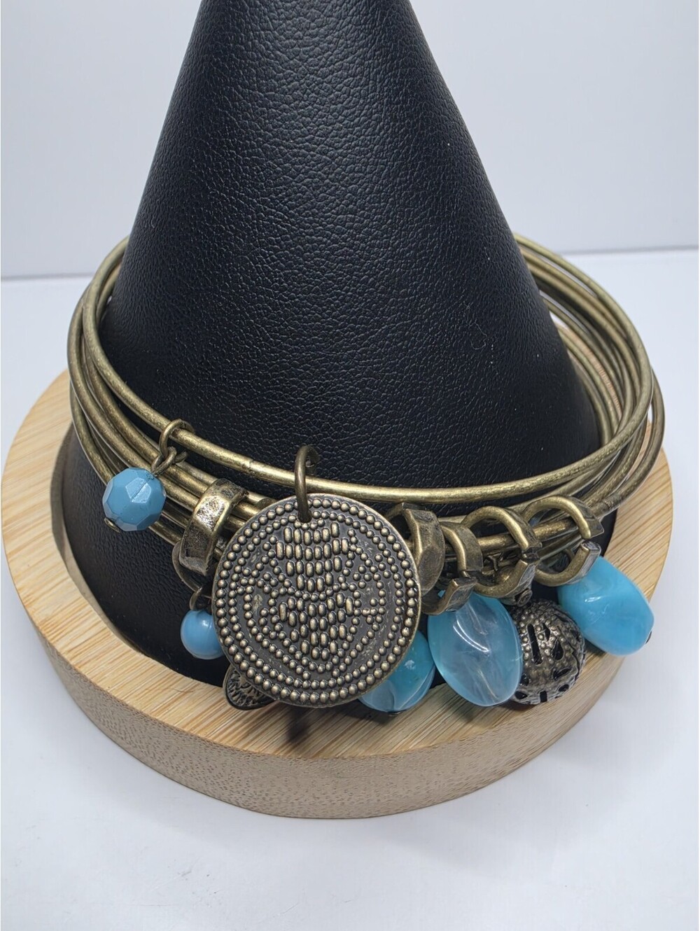 Vintage Antique Brass Bangle Bracelet Lot set 8 Turquoise Blue Charm Stacking